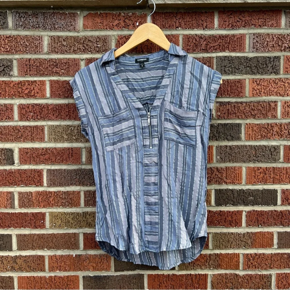 Express Gray Light Pink V Neck Striped Blouse Top